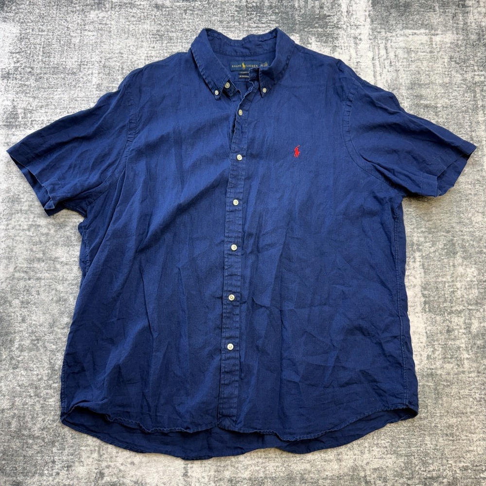 Polo Ralph Lauren Shirt Men 2XL Navy Blue Linen Classic Untucket Fit Prep Resort